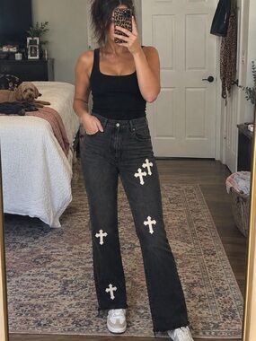 Black Cross Patch Straight Jeans - Women